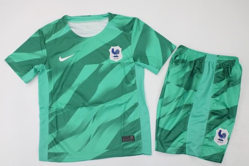 Kids France 2023 Goalkeeper Green Soccer Jersey And Shorts