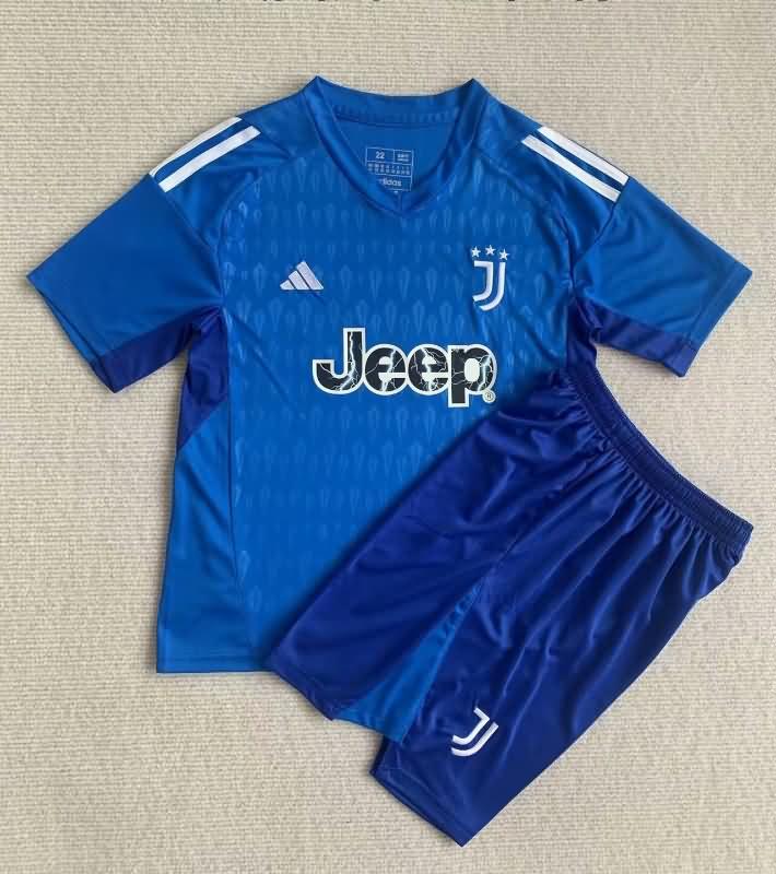 Kids Juventus 23/24 Goalkeeper Blue Soccer Jersey And Shorts