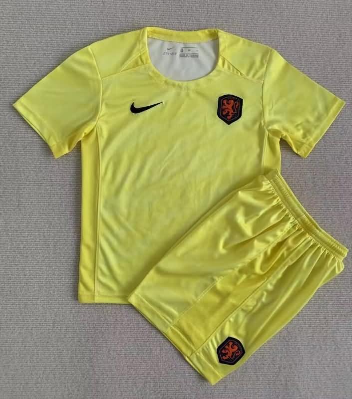 Kids Netherlands 2023 Goalkeeper Yellow Soccer Jersey And Shorts