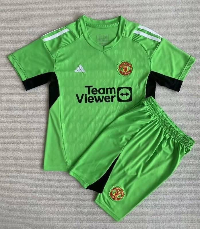 Kids Manchester United 23/24 Goalkeeper Green Soccer Jersey And Shorts