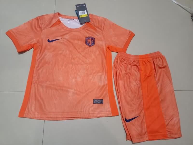 Kids Netherlands 2023 Home Soccer Jersey And Shorts