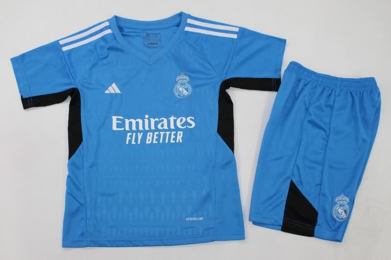 Kids Real Madrid 23/24 Goalkeeper Blue Soccer Jersey And Shorts