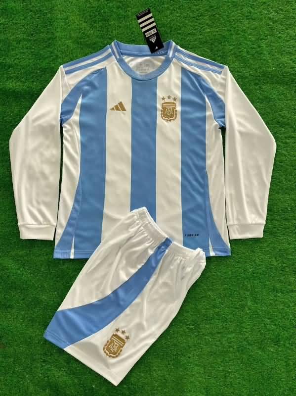 Kids Argentina 2024 Copa America Home Long Sleeve Soccer Jersey And Shorts