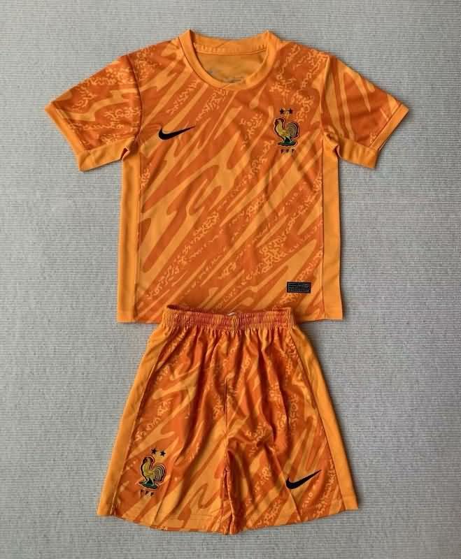 Kids France 2024 Goalkeeper Orange Soccer Jersey And Shorts