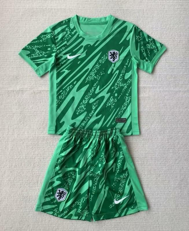 Kids Netherlands 2024 Goalkeeper Green Soccer Jersey And Shorts